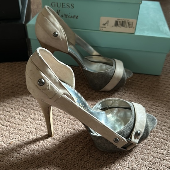 Marciano grey corduroy / suede peep toe platform heel sandals sz 6 - Picture 4 of 8
